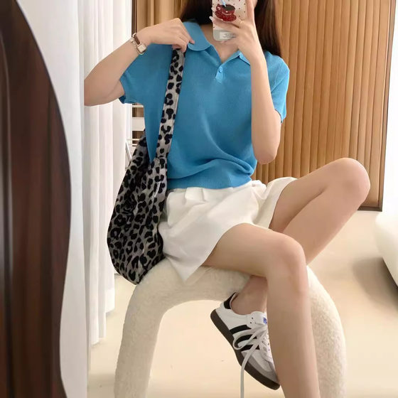 MISS STUDIO 2024 Summer Korean Polo Collar Tencel Linen Comfortable Simple Knitted Shirt Women's 1117