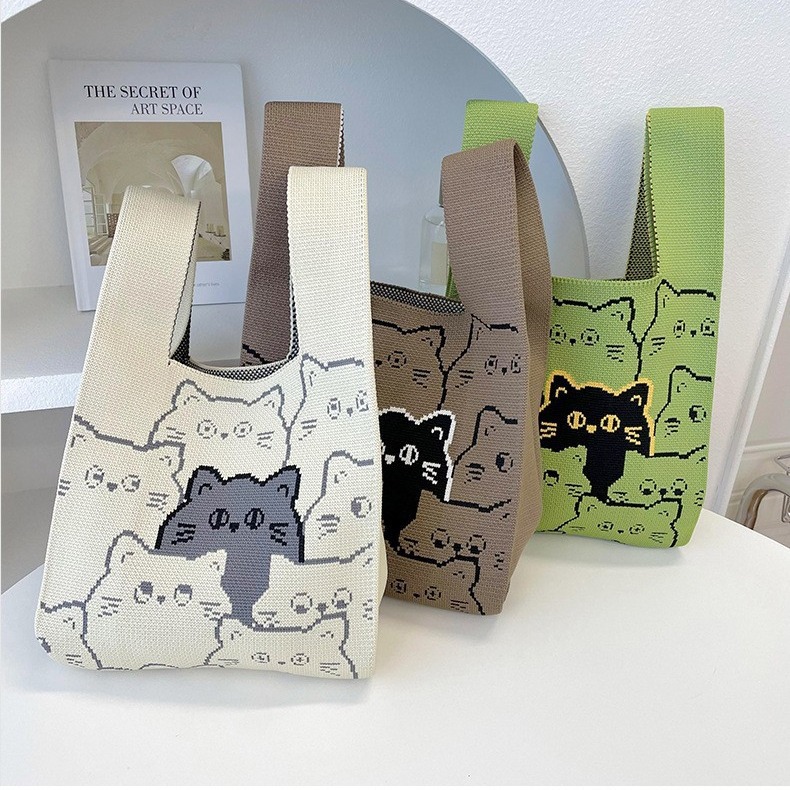 单肩手提包手拎包百搭包包女韩版小众设计少女针织可爱猫咪编织包
