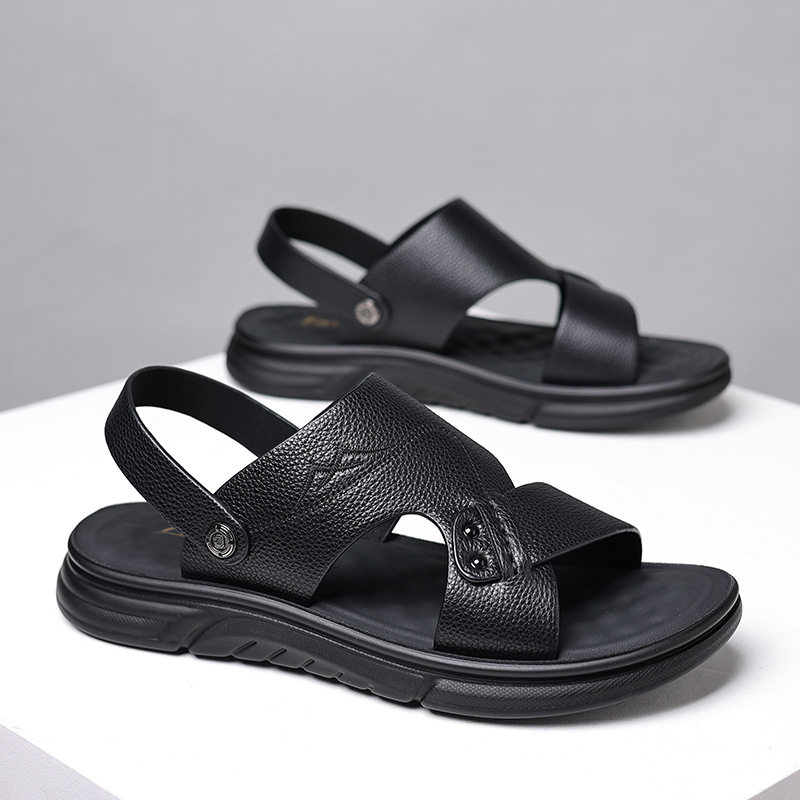 Dép sandal nam da bò thật hở ngón, quai ngang thoáng khí đi biển và dạo phố — 51226 Màu nâu, 51226 Màu đen