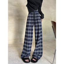 秋季2024新款慵懒风复古格子休闲裤女松紧腰宽松阔腿高腰裤子长裤