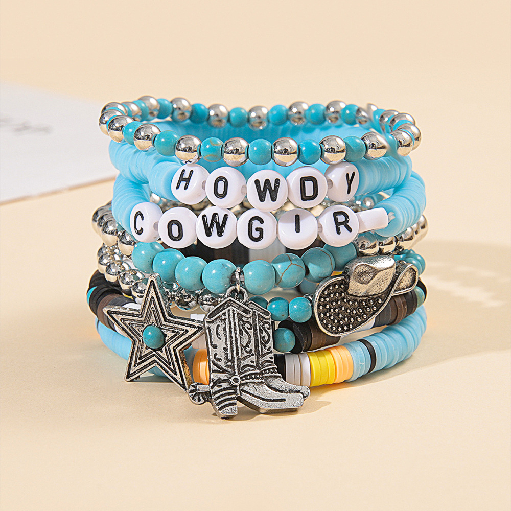 49g Weight Alloy Pendant Material Bracelets Classification Beaded, Turquoise Chain Material 1 Set Quantity Daily Occasion Beaded, Alloy, turquoise Material Cross, Cattle, Boots Pattern Women's Gender Retro Style Retro Cross Cattle Boots Beaded Alloy Turquoise  Beaded Bracelets Wholesale 6