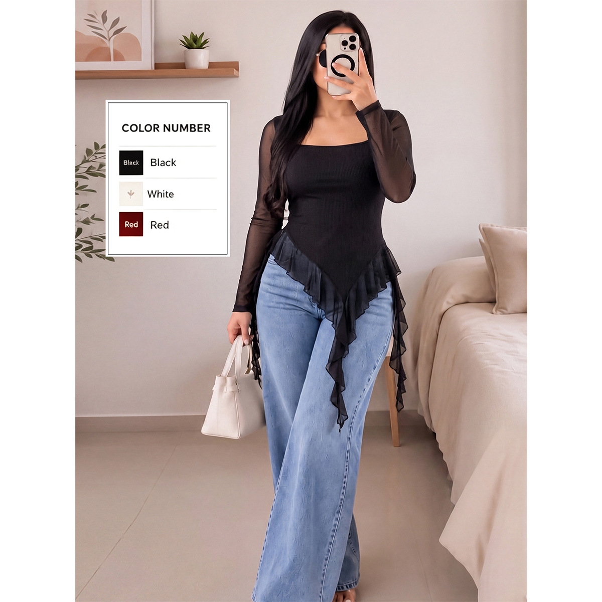European and American Plus Size Square-Neck Mesh Long-Sleeve Top with Irregular Ruffles and Ribbon Hem Slim-Fit Knitwear