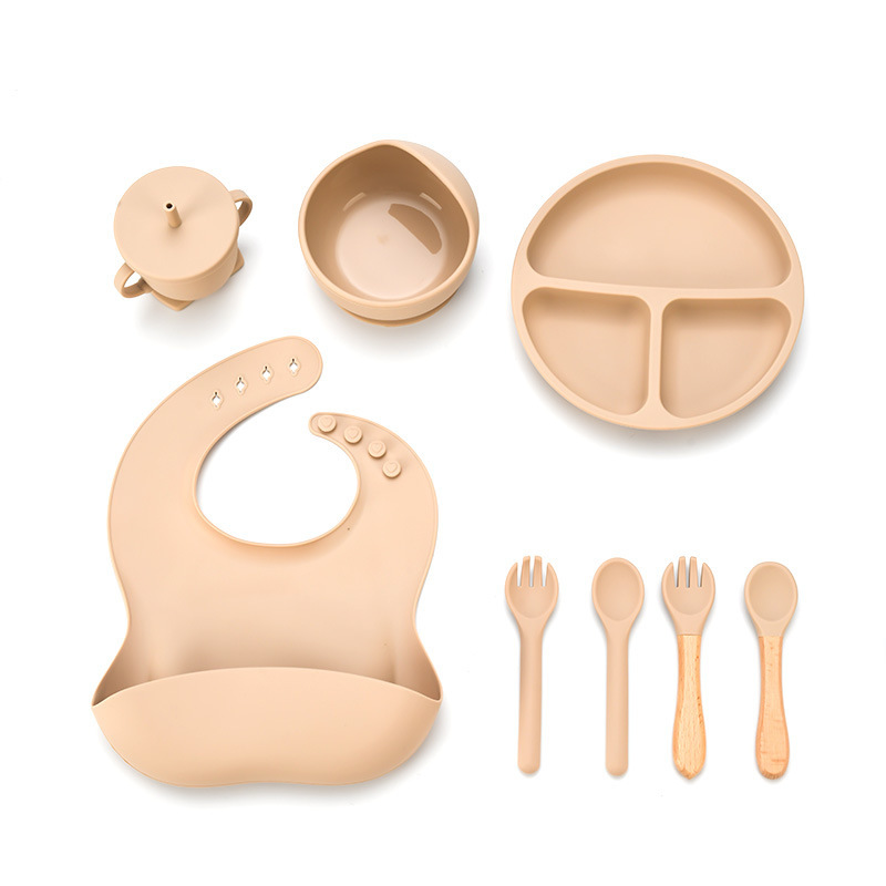 新しいベビーシリコン食器セット、8点セット、食品グレードの幼児用シリコン食器|undefined