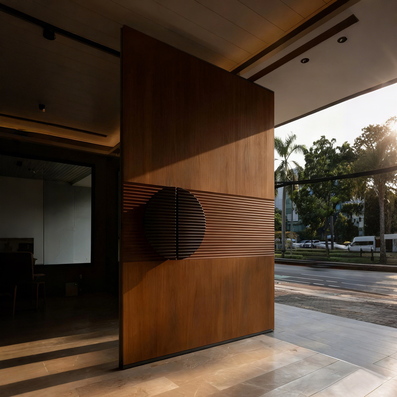 Entrance Cast Aluminum Offset Door for Villa Entrance, Simple Wood Grain Courtyard Central Axis Double Door for Self-Built House Design