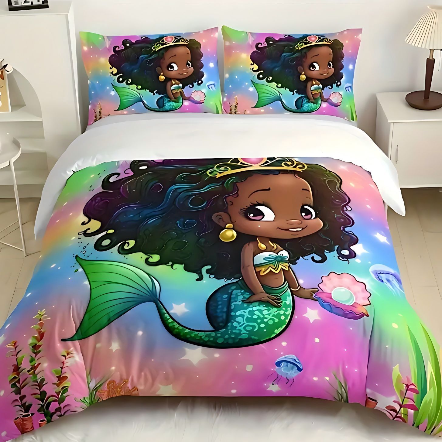 TEMU / JIT Moda encantadora sirena molida con patrón de colcha de colcha