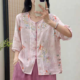 2026夏季新款复古小众禅意新中式苎麻衬衫女重新圆领中袖小衫茶服