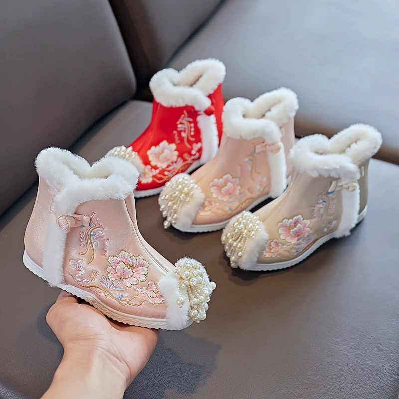 23 Зимние ботинки с вышивкой на флисовой подкладке, детская обувь с вышивкой, детская обувь ханьфу, Тканевая обувь в китайском стиле, зимняя хлопковая обувь