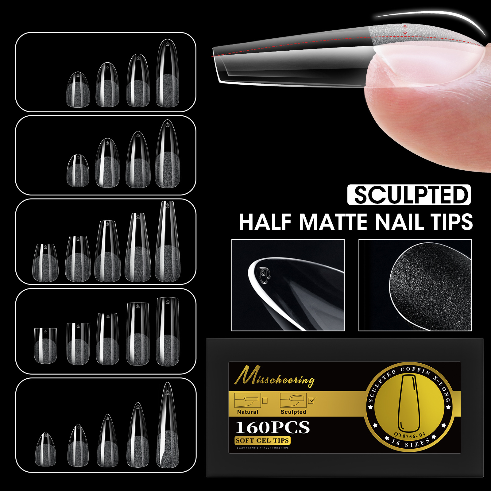 Cross-Border Sculpted European and American Popular Semi-Matte Nail Tips, Seamless Fake Nails, Boxed Set of 16 Sizes