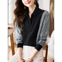 欧洲站洋气拼色翻领拼接雪纺衬衣女2025年春秋季新款气质长袖衬衫