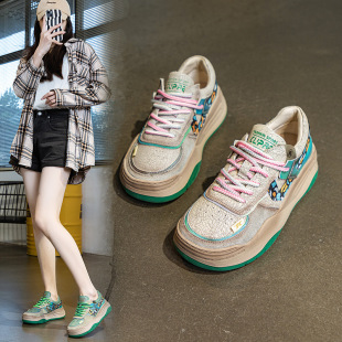 Top layer cowhide retro style thick-soled white shoes round toe lace-up crack leather casual women's shoes all-match women's shoes