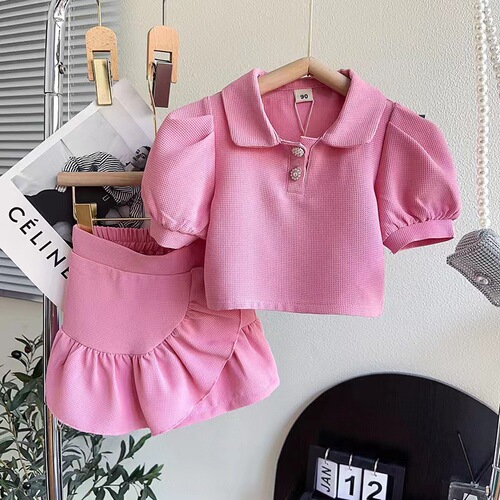 Children's Summer New Set Puff Sleeve Toddler Top Cute Fashion Collar Girl Short Sleeve Short Skirt Two-Piece Set
