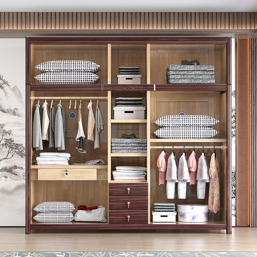 中式实木乌金木衣柜三四五门收纳现代简约大衣橱卧室储物柜家具