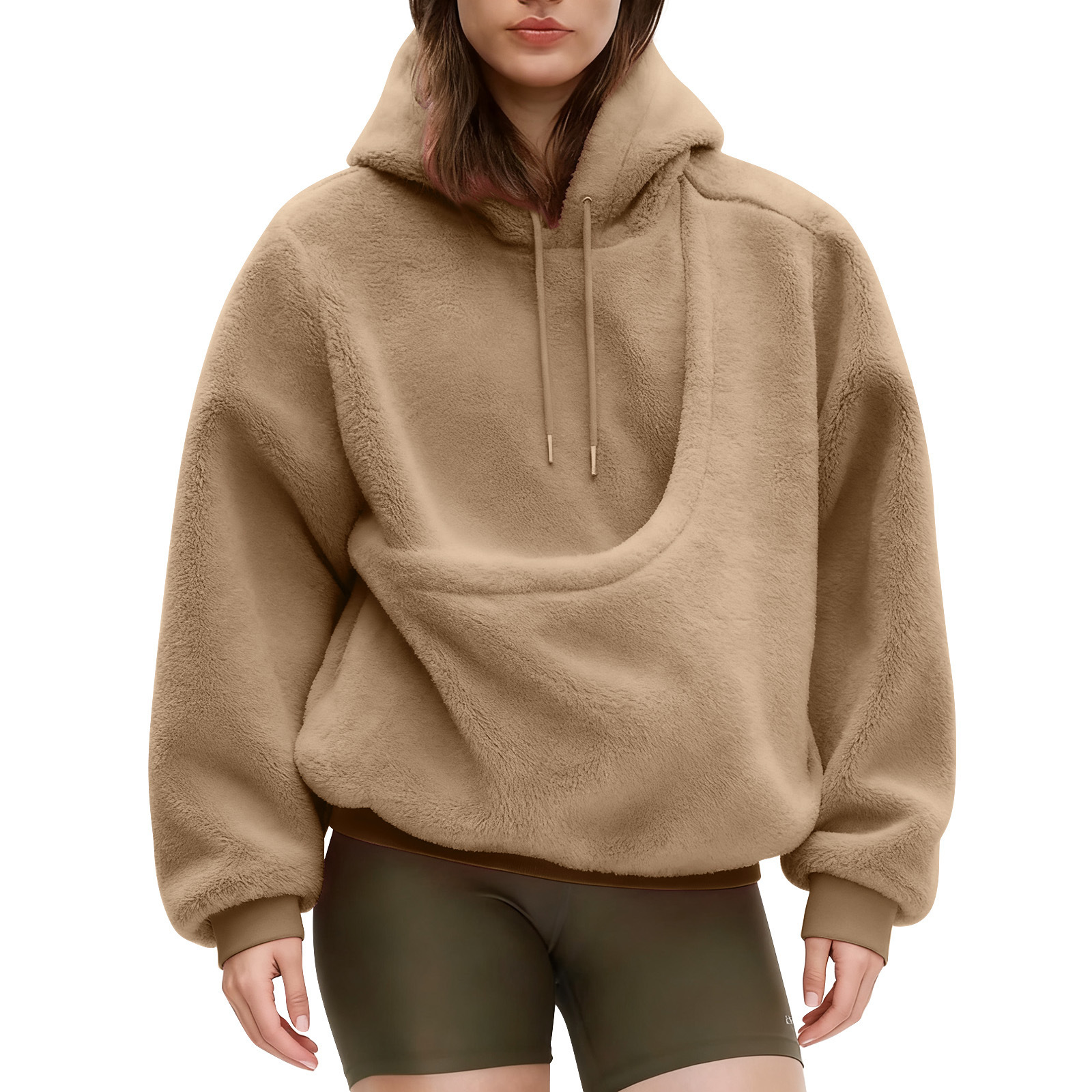 BK8837# Amazon Avrupa Amerika Sonbahar Kış Sınır Ötesi Düz Renk Kapşonlu Peluş Evcil Hayvan Cepli Geniş Kesim Sweatshirt Kadın