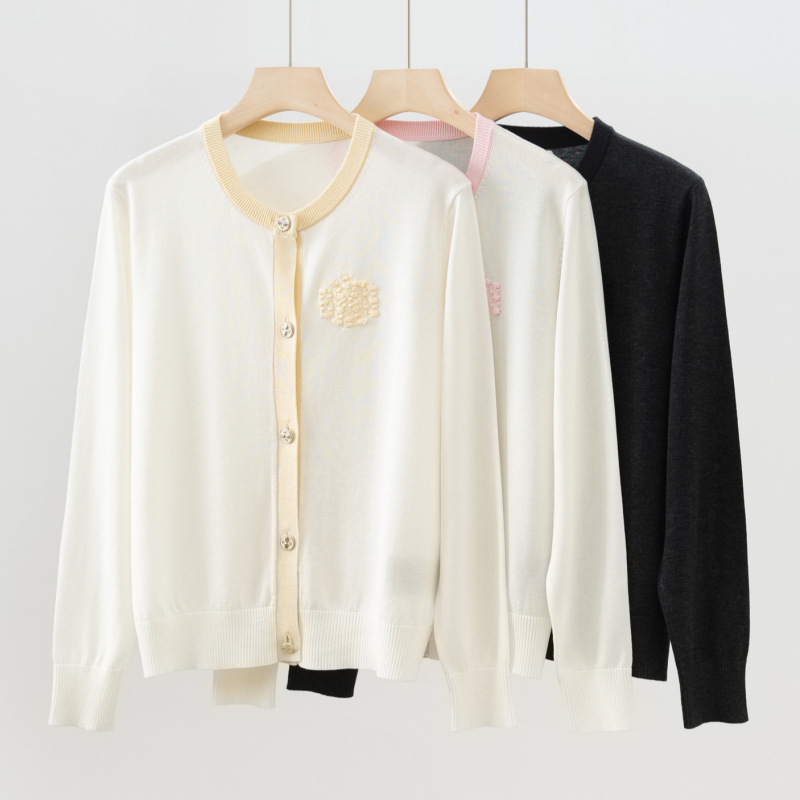Bar26 Spring and Summer New Style Wool Tencel Round Neck Buttoned Knitted Cardigan Thin Contrast Color Casual Versatile Top for Women Bar26 Spring and Summer New Style Wool Tencel Round Neck Buttoned Knitted Cardigan Thin Contrast Color Casual Versatile Top for Women