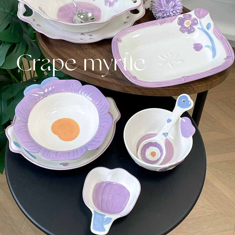Purple high-looking ziweihua breakfast ceramic plate household round fruit plate bowl dish suit household Bowl