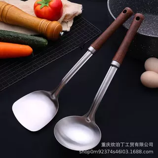 定制批发家用厨房长柄勺子加厚炒菜锅炒勺防烫隔热木柄不锈钢锅铲