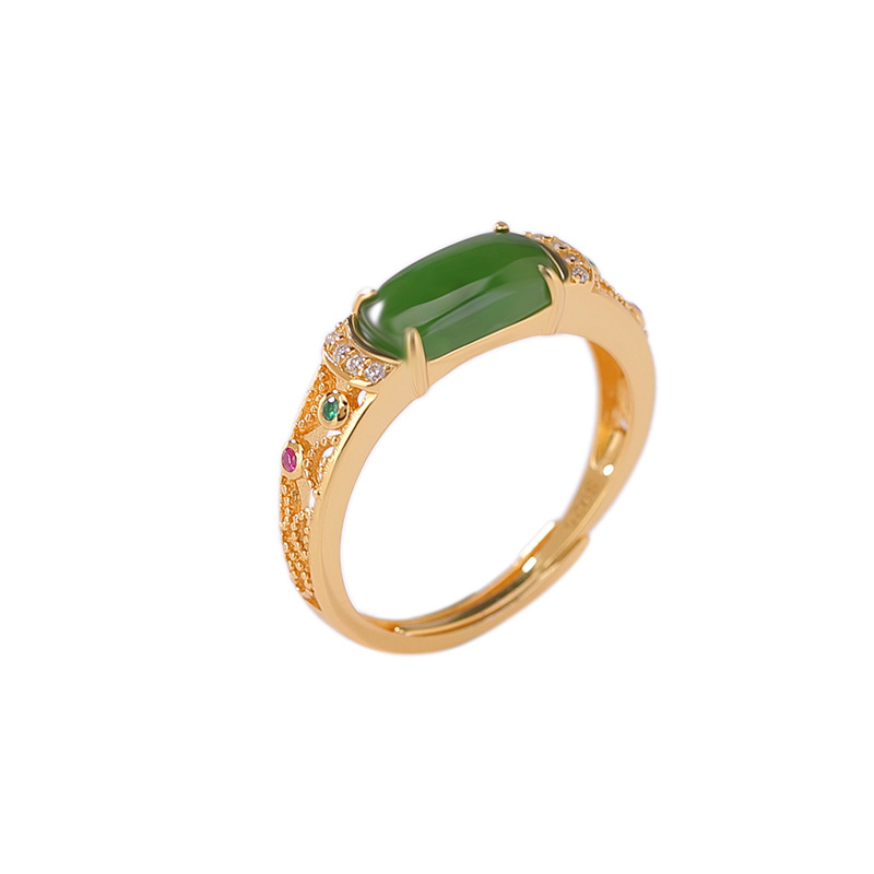 Nhẫn yên xe bạc S925 mạ vàng đính ngọc bích jasper cổ điển sang trọng — Bạc 925
