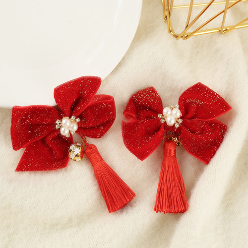 Children's fairy hanfu qipao cheongsam dress headdress red festive hair clip little girl hair ball tassel pair of clips baby New Year's Eve hairpin