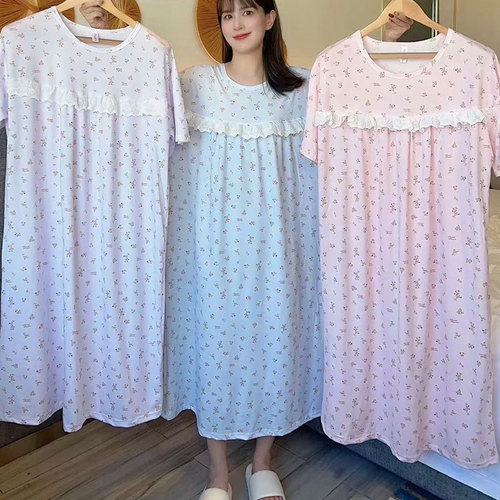 Nightgown loose women floral lace pocket sleep dress breathable cartoon print long dress high-end sleepwear