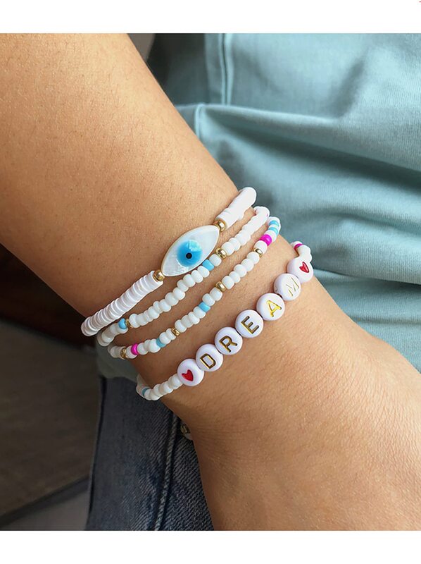 Casual Braided Turkish Evil Eye Shell Bracelet Marquise Eyes Rice Bead Bracelet White Set Bracelet