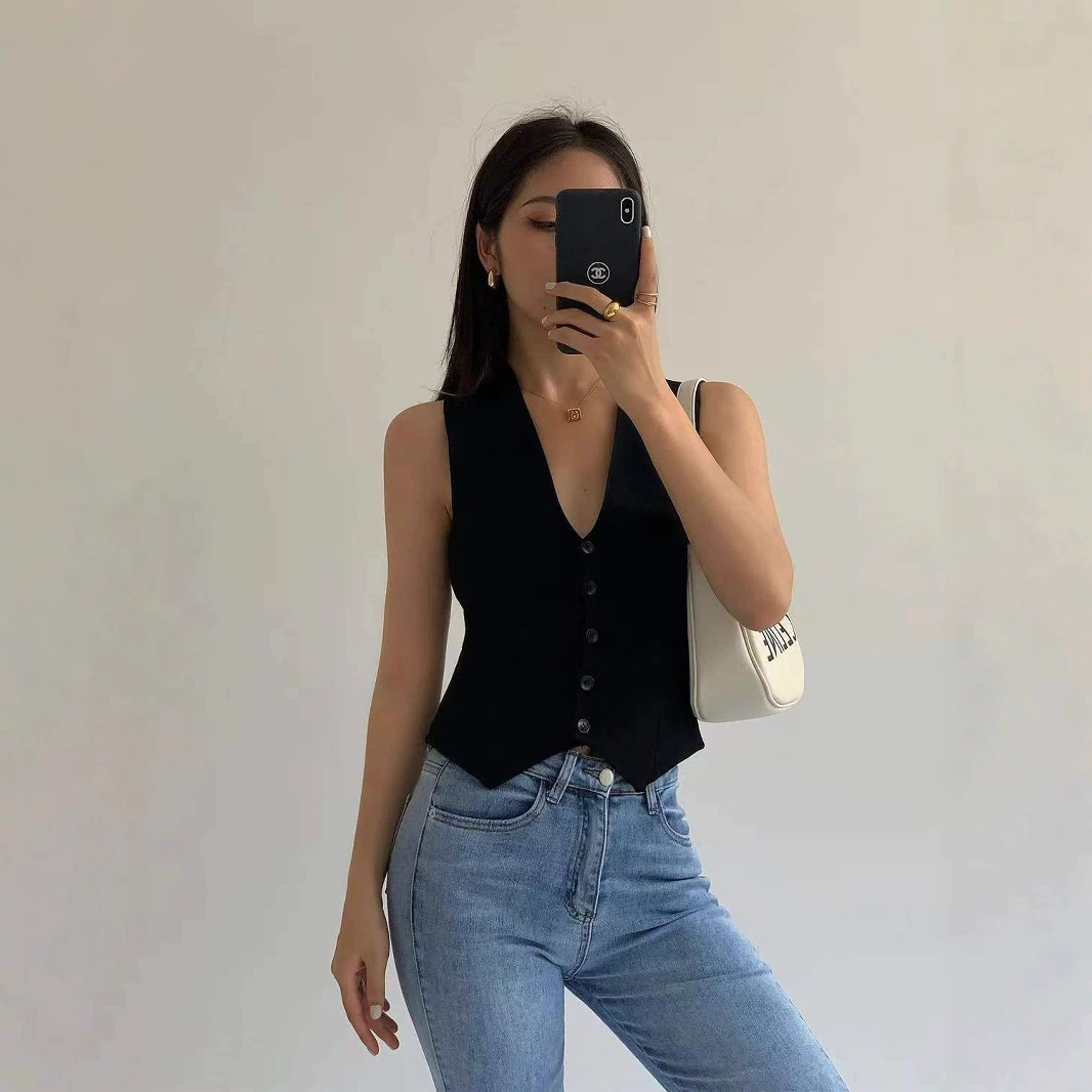 Женский жилет-кардиган с V-образным вырезом, черный, весна-лето 2025, ретро, многослойный, без рукавов, с поясом