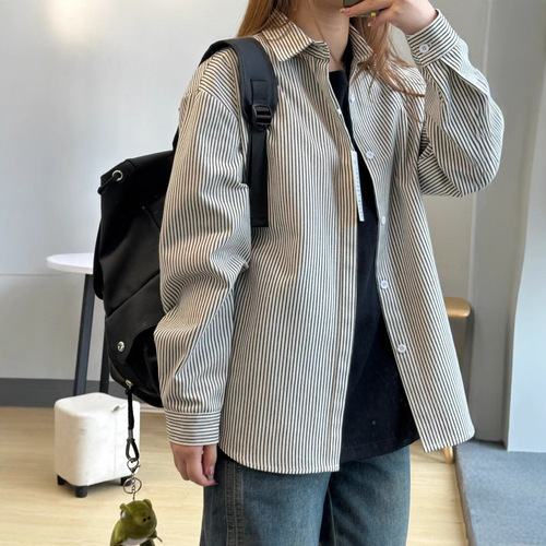 Vintage Striped Long-Sleeve Shirt for Men, Spring and Autumn Season High-Quality Shirt, Unisex Version Casual Loose Cardigan Jacket Trendy