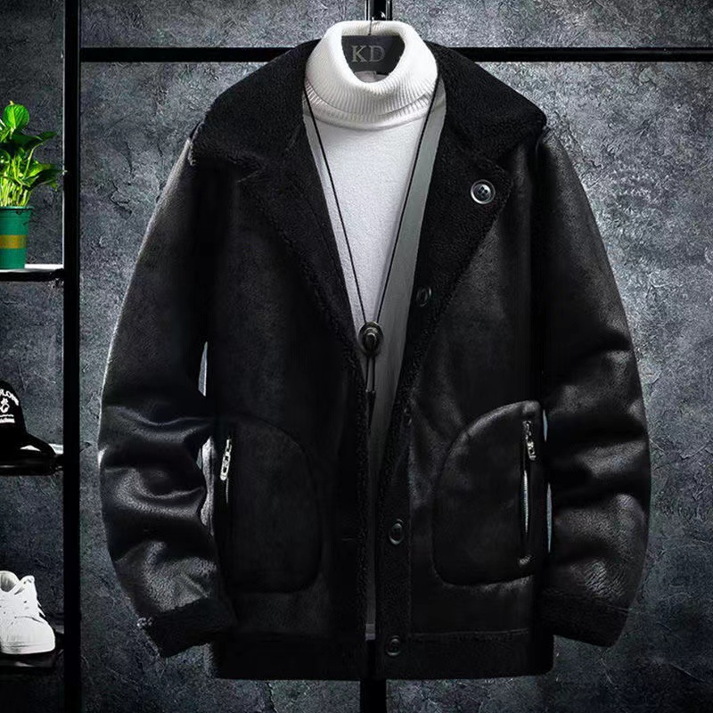 Otoño e Invierno nueva piel granulada integrada abrigo de lana de los hombres chaqueta de doble cara forrada de lana de cordero engrosada