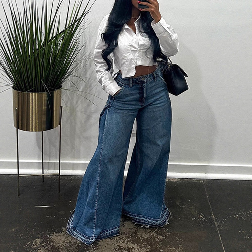 European and American cross-border American vintage imported wide-leg pants with patchwork design, trendy blue washed denim trousers, loose-fitting long pants