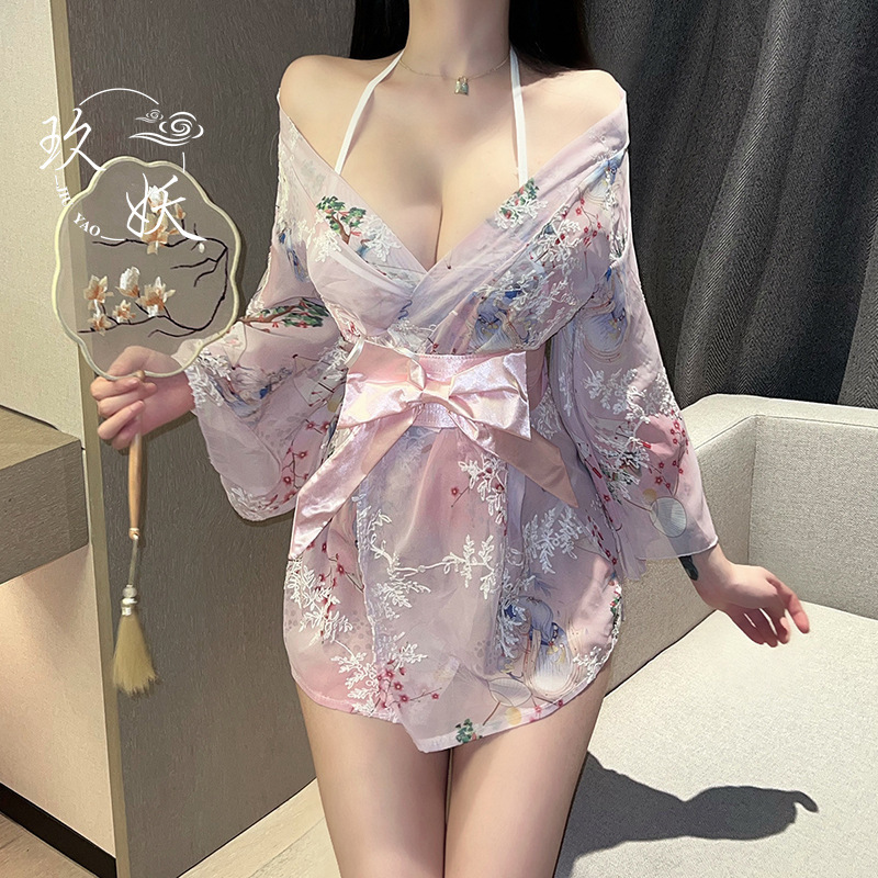 섹시한 프린트가 있는 일본식 리본 장식 잠옷, 기모노, 목욕가운 세트, 벚꽃 요소가 매혹적인 유니폼
