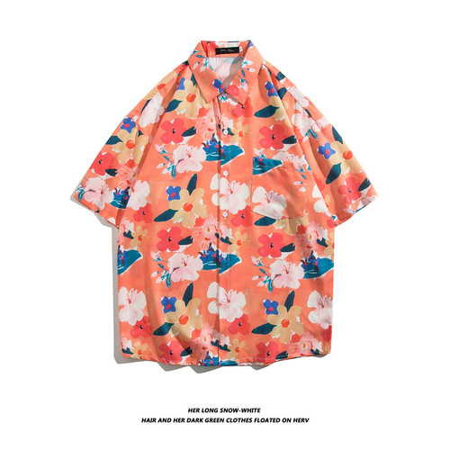 Tide brand niche Insta short sleeve collared shirt for men BF summer casual beach print shirt street loose half sleeve top