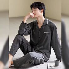 春秋季纯棉宽松大码开衫格子高级感男士长袖长裤可外穿家居服套装