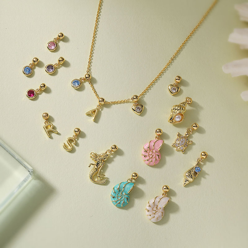 1g Weight Pendant Jewelry Making Type Copper Material Geometric, Letter, Conch Pattern Colorful Diamond Inlaid Copper Necklace DIY Personalized Mermaid Turtle Sea Snail O-shaped Women's Jewelry Accessories 无