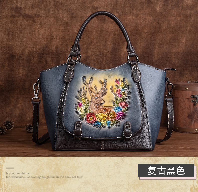 Túi xách tay nữ da bò cổ điển phong cách Trung Hoa, màu xéo vintage, sức chứa lớn — Màu đen cổ điển, Màu nâu cổ điển, Màu đỏ cổ điển chi tiết 12