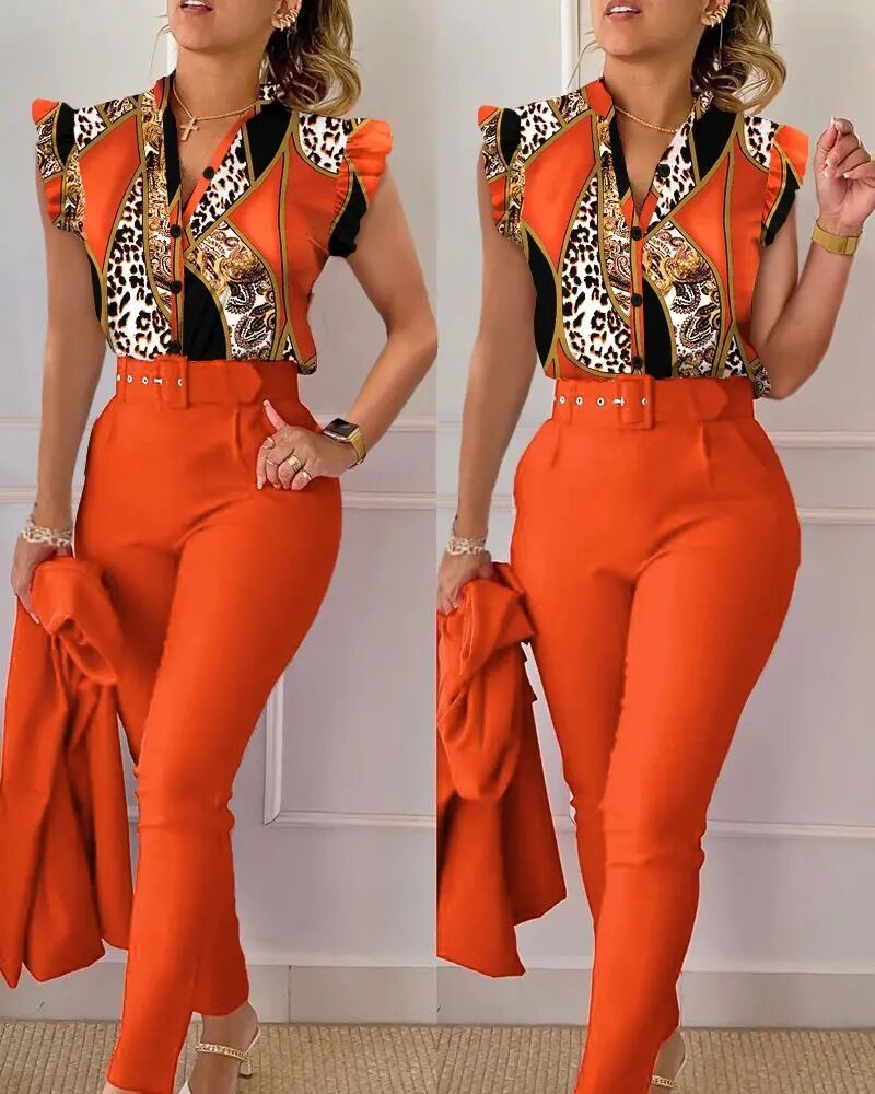 Office Occasion V Neck Neckline Office Women's Business Fashion Stripe Polyester Printing Pant Co-ord Set Pants Sets