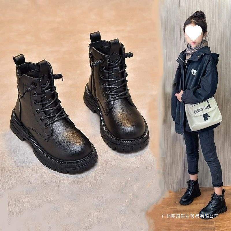 儿童真软皮马丁靴秋冬新款女童时尚单靴英伦风加绒男棉靴女孩短靴