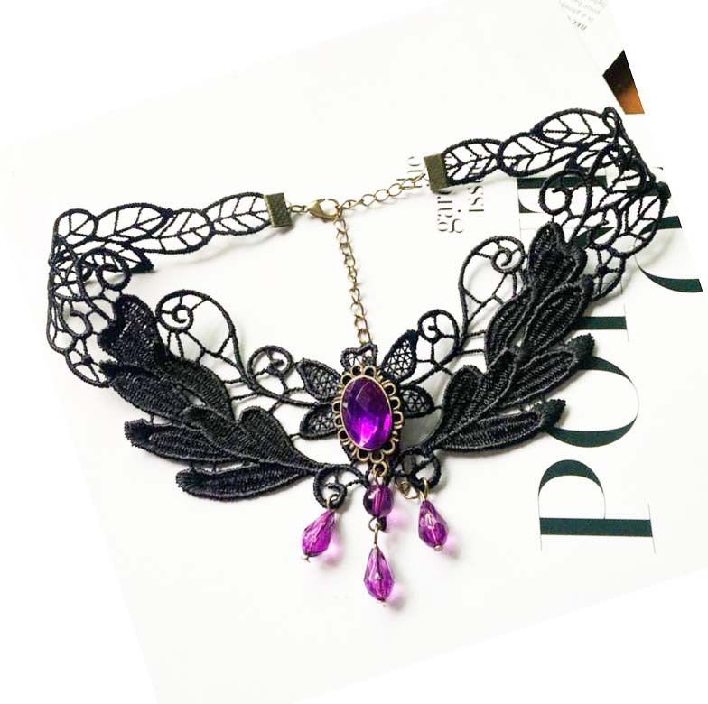 厂家直销简约女士时尚蕾丝项链 韩版紫色宝石手工项饰choker颈链