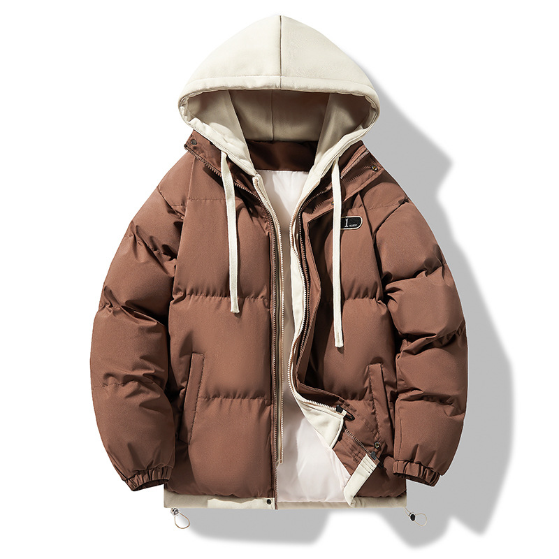Falso de dos piezas de algodón encapuchado para hombres de invierno engrosado marca de tendencia nueva chaqueta de algodón cálida y suelta pareja joven