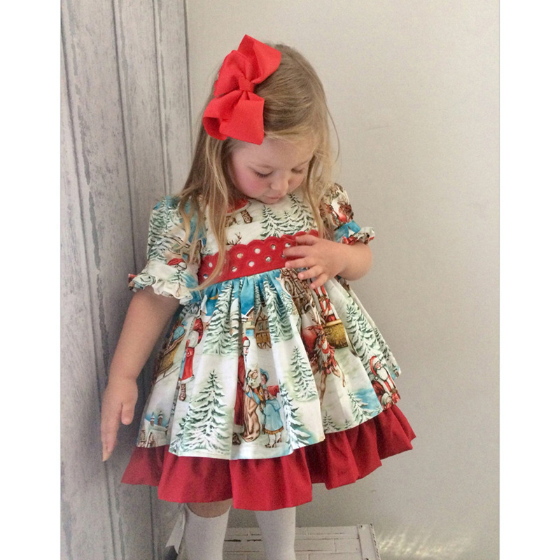 Girls Children Christmas puffy sleeve short sleeve printed ruffled dress Doll skirt children's outfit ins_voghion.com