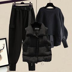 大码女装秋冬季套装女2025新款洋气穿搭马甲卫衣显瘦工装裤三件套