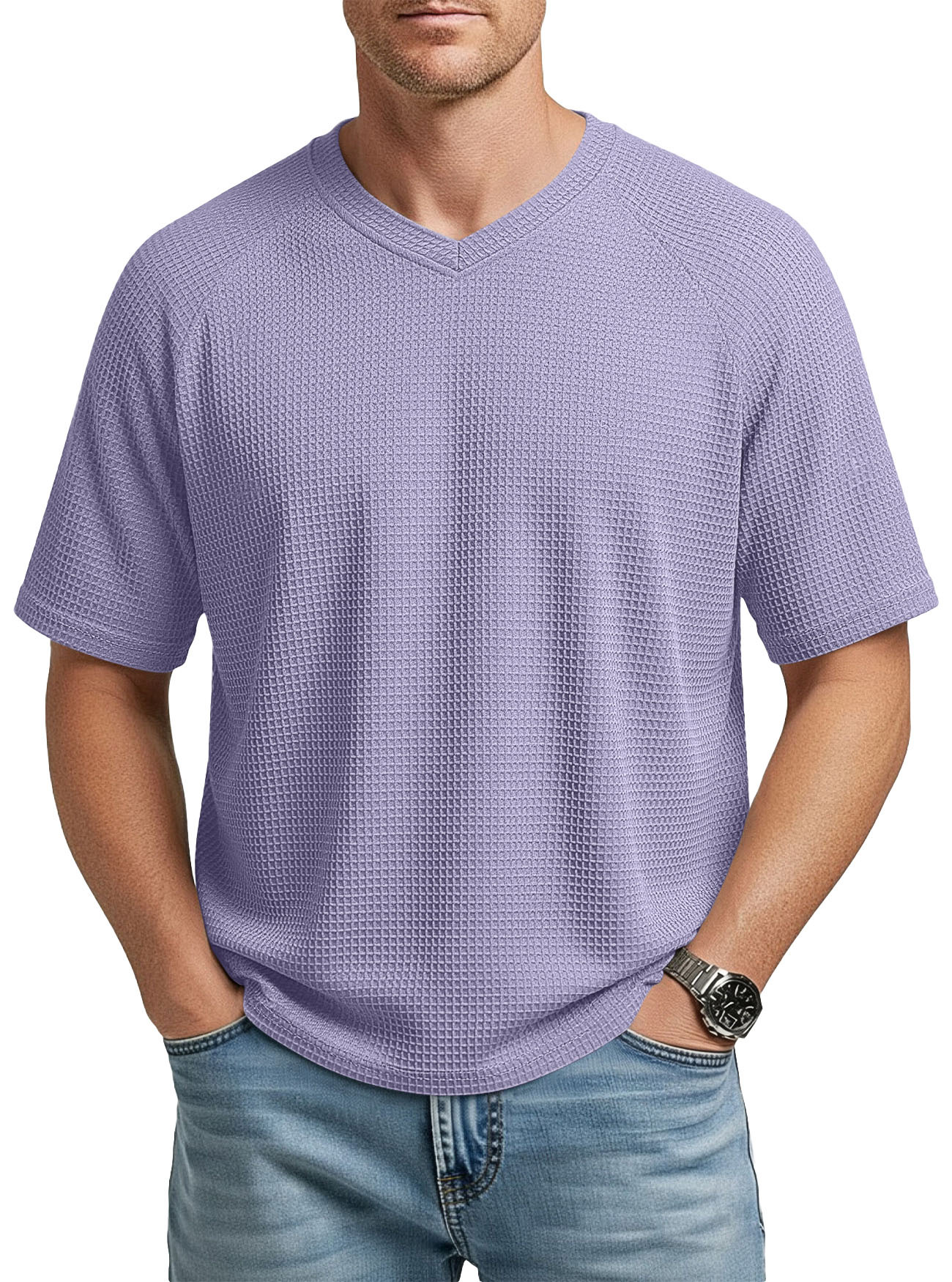 Europa y los Estados Unidos primavera y verano estación independiente transfronteriza hombre moda waffle tejido multifuncional manga de hombro cuello V camiseta de hombre de manga corta