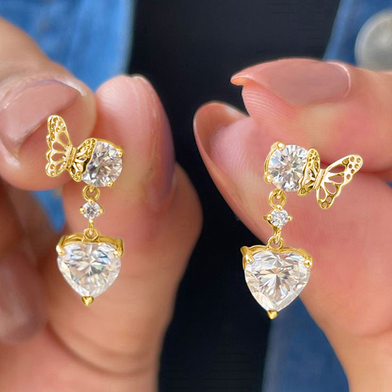 All Seasons Season 1 Pair Classic Style Heart Shape Butterfly Copper Zircon Drop Earrings