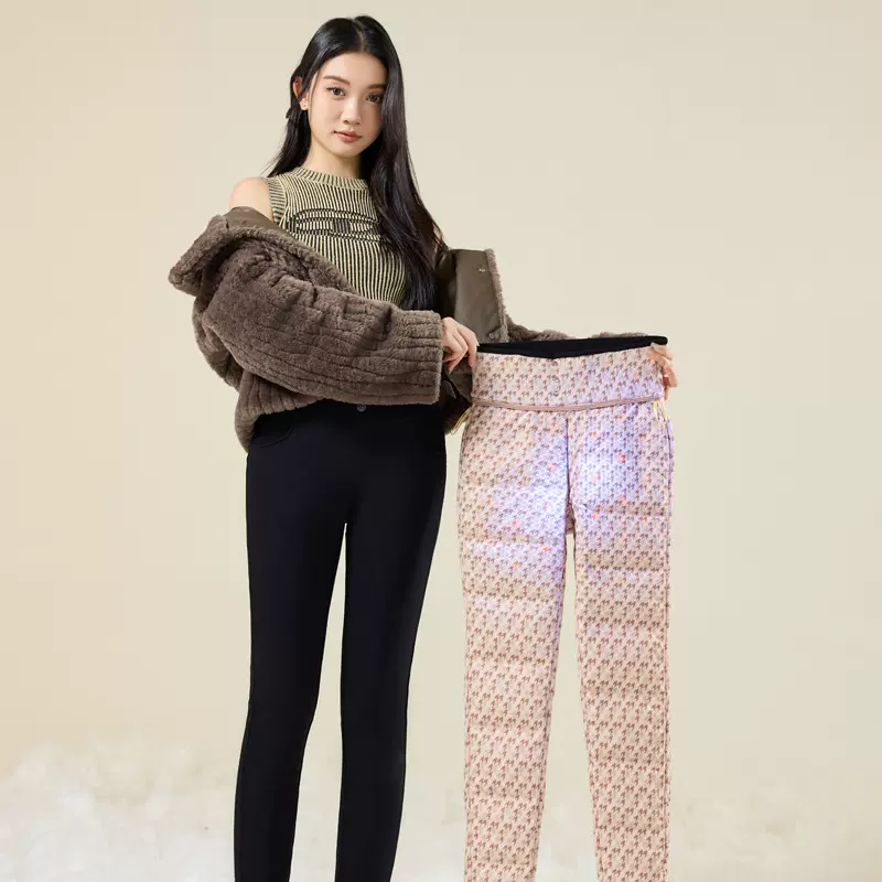女士鹅绒保暖裤冬外穿铅笔裤女小脚紧身女厚棉裤高腰羽绒裤小黑裤