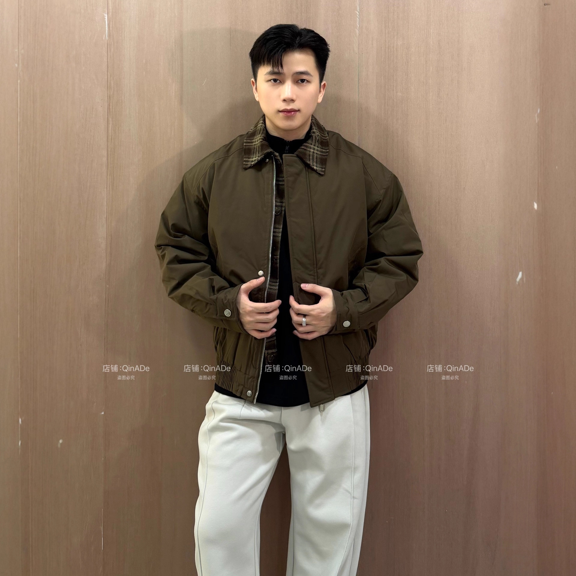 荧佳QinADe巴恩风美式休闲格子拼接翻领棉服棉衣男士冬季保暖大衣