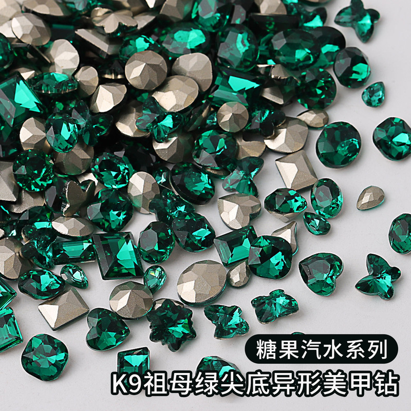 Emerald Green Pointed-Bottom Irregular Glass Rhinestones Mixed Styles for Clothing, Shoes, Hats, Crafts, Decoration, Nail Art, and Nail Rhinestones