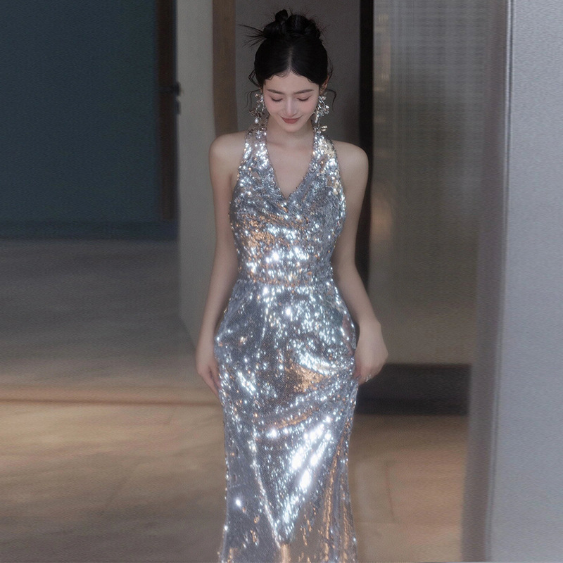 Silver Halter-Neck Evening Dress, New Classy Sequined Long Slim Fishtail Skirt, Prom Party Classy Dress