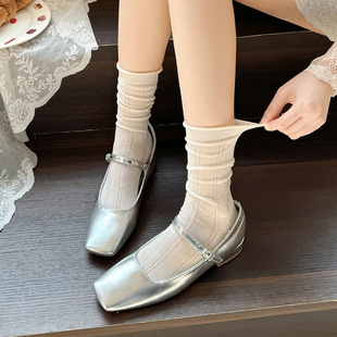 Ballet Style Thin Socks Women's Small Leather Shoes White Mid-length Socks Summer Thin Stacked Stocking Mary Jane Long Tube Summer