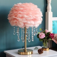 厂家批发 北欧羽毛台灯水晶挂饰床头灯 温馨卧室房间浪漫装饰台灯