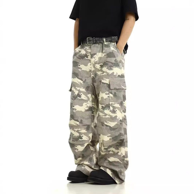 Digital Printing Imitation Sand Wash Old Tooling Camouflage Pants Trendy Brand Pure Cotton American Camouflage Wide-Leg Tooling Pants