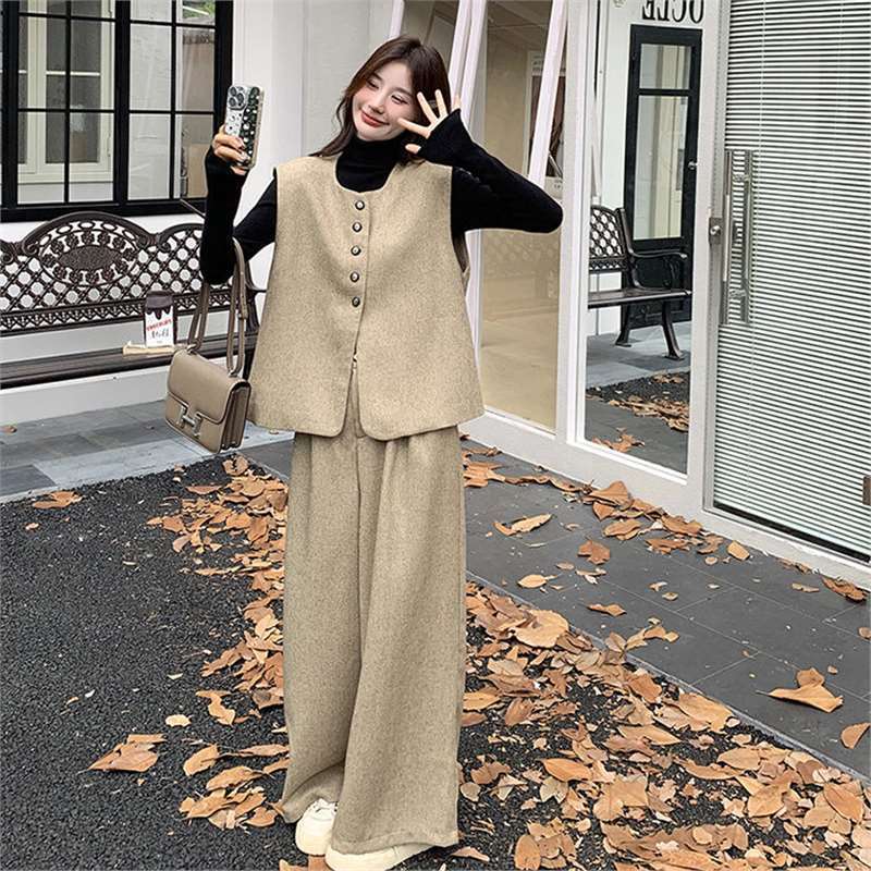 卡其色高级感马甲阔腿裤套装女秋季新款韩系小个子气质松弛两件套|undefined