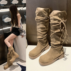 西部粗跟版复古废土风流苏骑士靴软皮长筒靴显瘦中筒靴女高筒